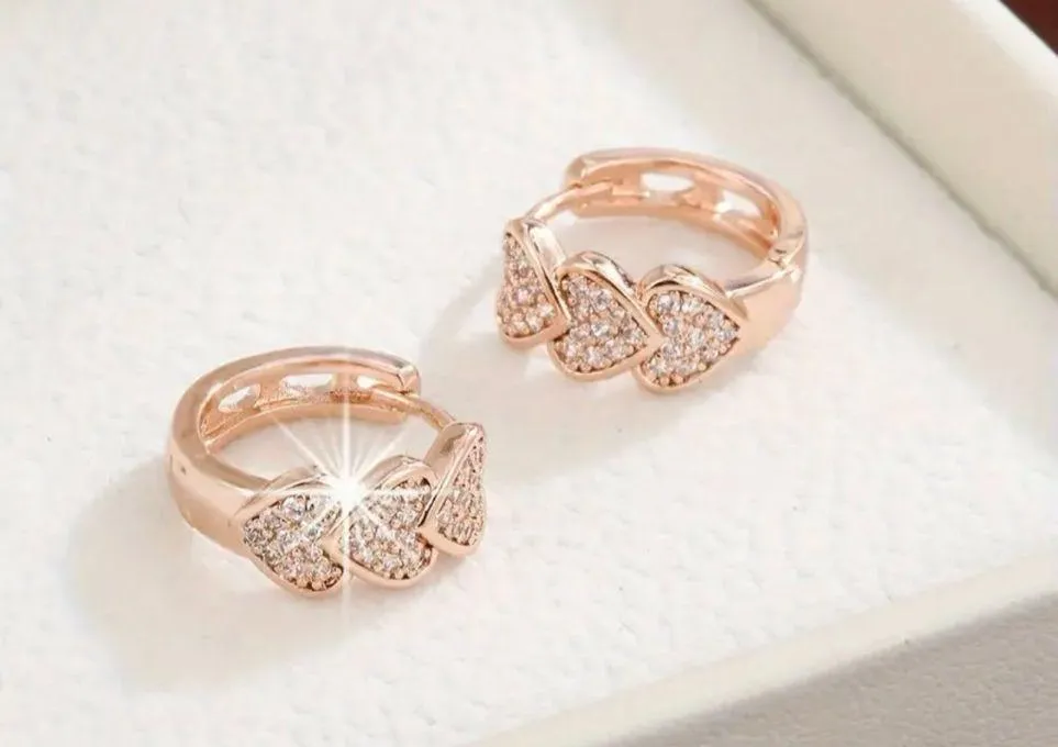Gorgeous Rose Golden Heart Shape Design Cubic Zirconia Earrings Gold - Image 2