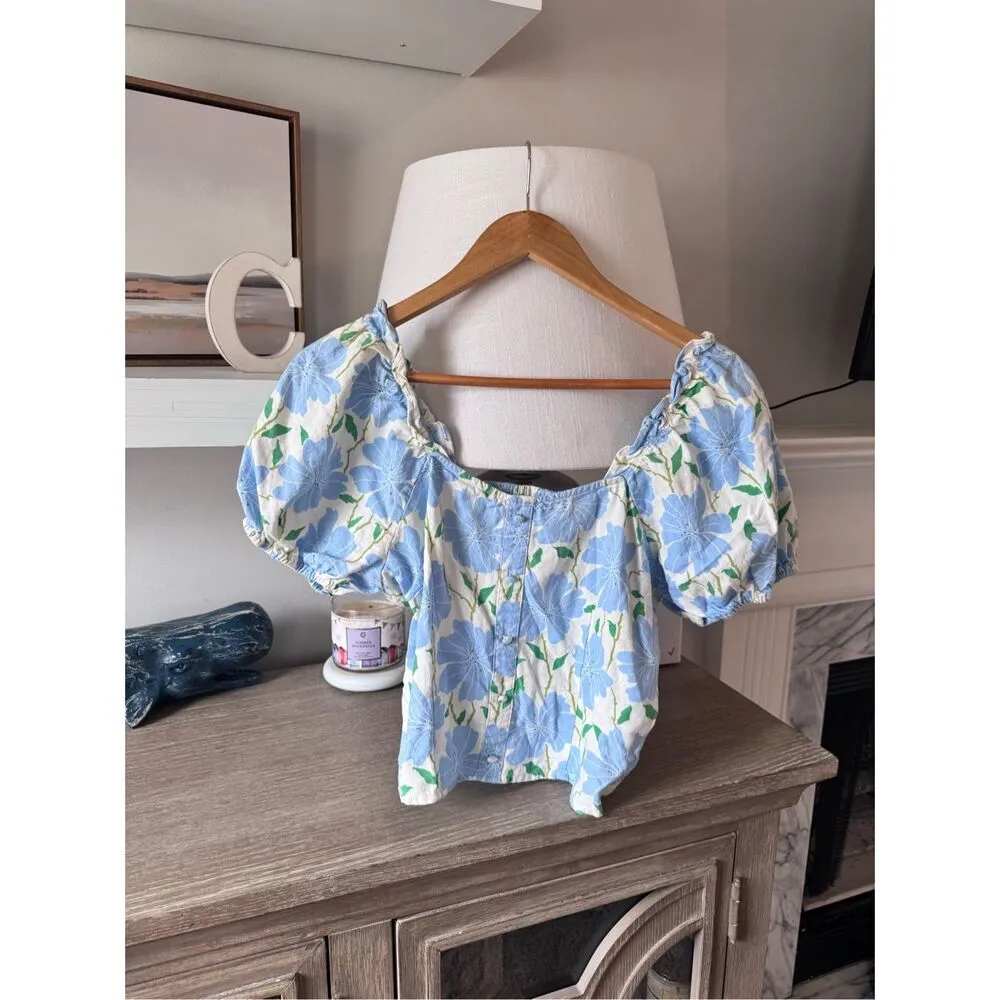 Who What Wear Linen Blend Floral Crop Top Peasant Bohemian Cottagecore Preppy Si - Image 2