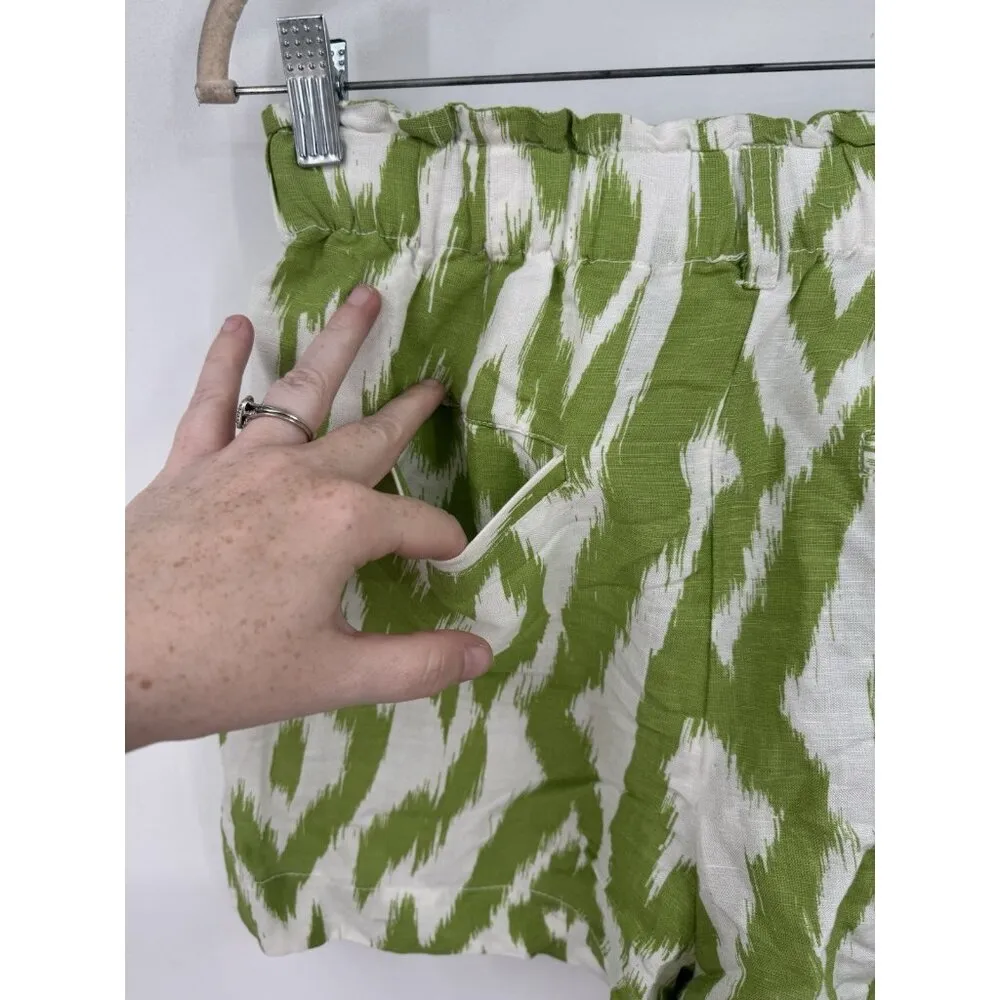 Anthropologie Green White Ikat Print Linen Blend Paperbag Shorts Women Small‎ - Image 11