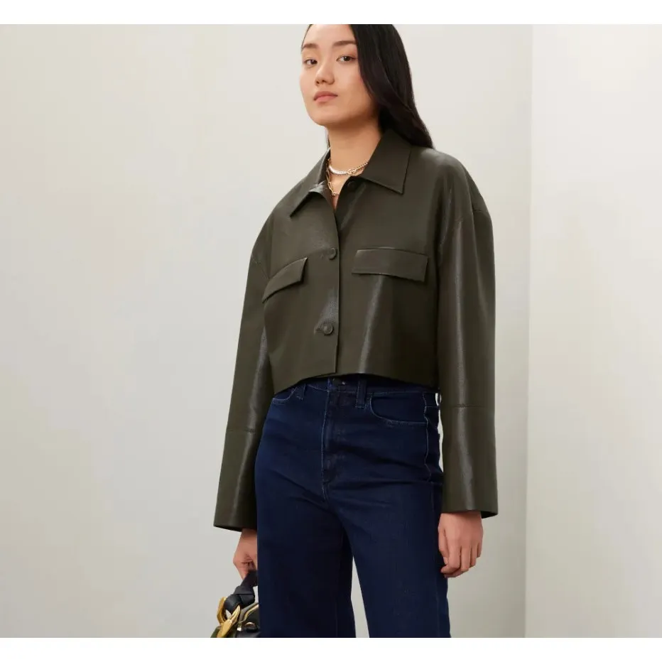 Nanushka Jacket Womens X Large Holleen Solid Green Faux Leather Collared Size XL - Image 4