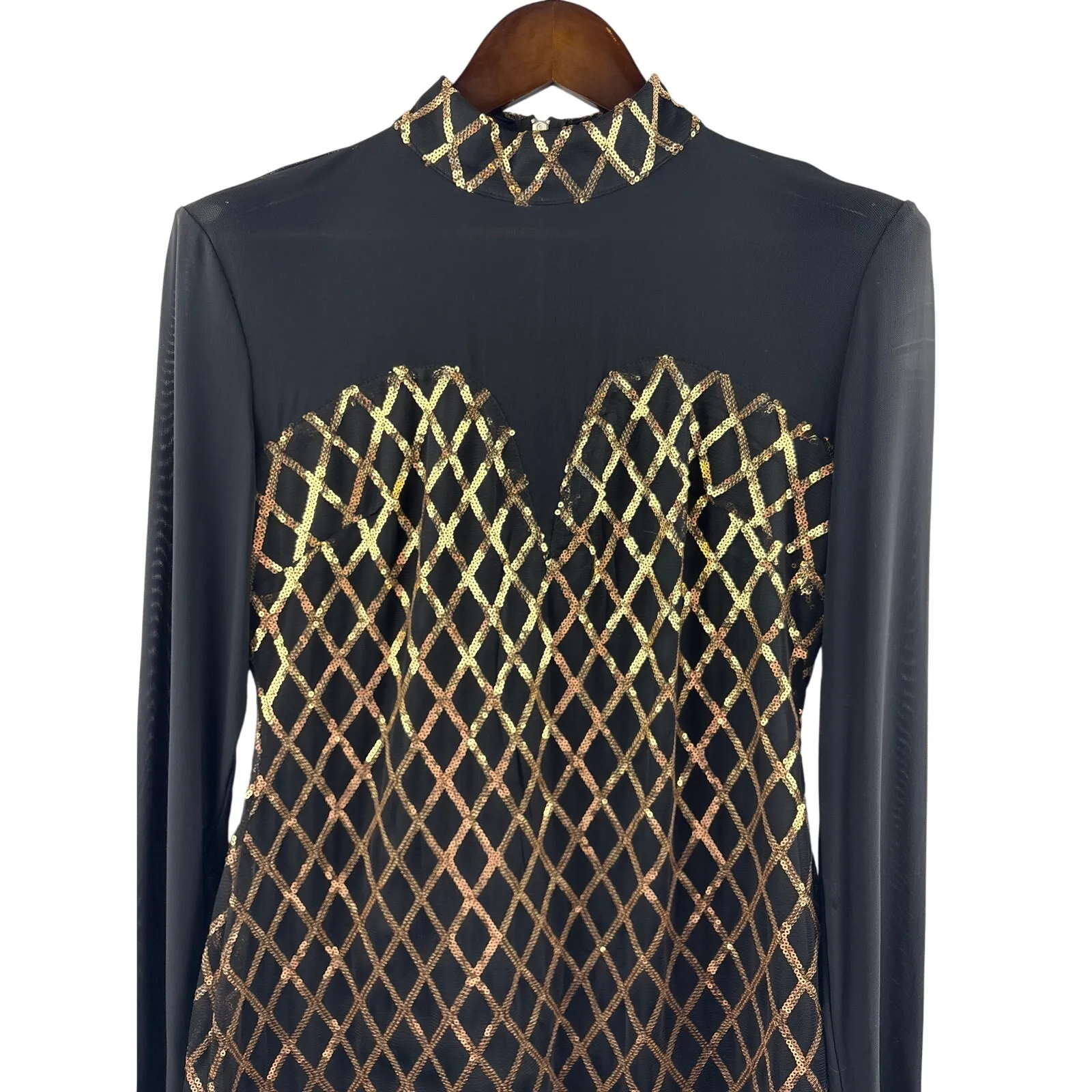 Women’s Reaqka XL Black Mesh Long Sleeve Mockturtleneck Dress w/ Gold Sequins - Image 2