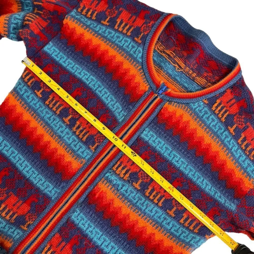 Alpaca zip up cardigan sweater from Peru with colorful striped Alpaca design Red Size L - Image 6