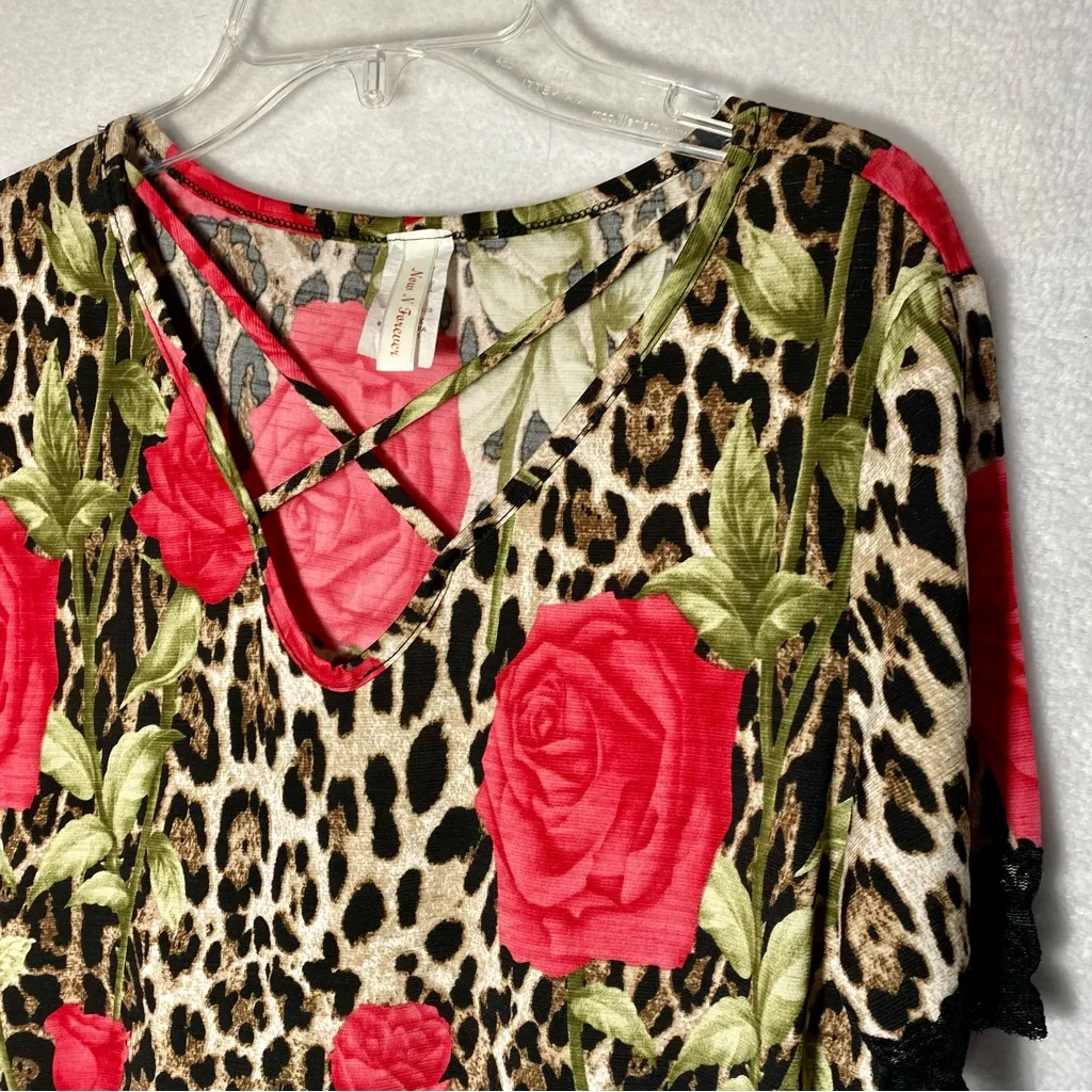 Now N Forever V Neck Top S Leopard Rose Print Criss Cross Blouse Black - Image 2