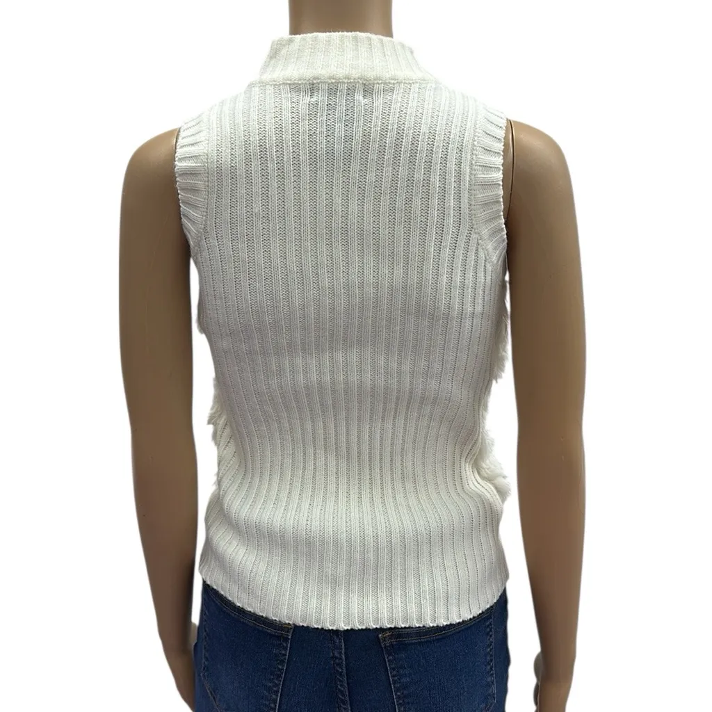Wet Seal Cream Faux Fur Full Zip Knit Back Sweater Vest Juniors Small - Image 6