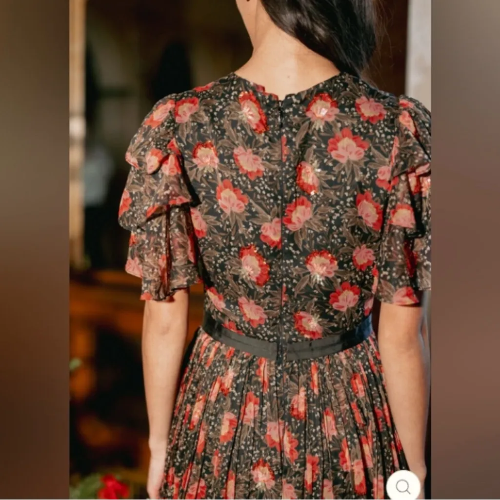 Ivy City Co Gianna Dress In Moody Floral Black and Red Floral Midi Dress Size 10 - Image 4