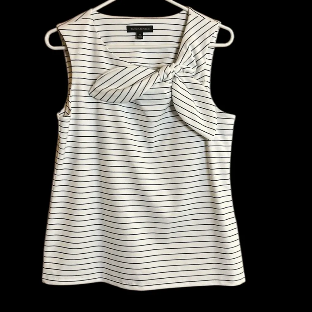 Banana Republic Navy Blue & White Striped Top With Bow - Image 5