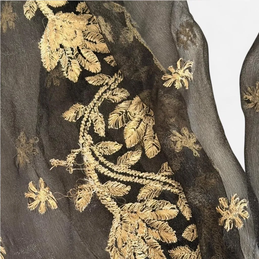 Elegant Black and Gold Sheer Embroidered Scarf, 64x18 - Image 2