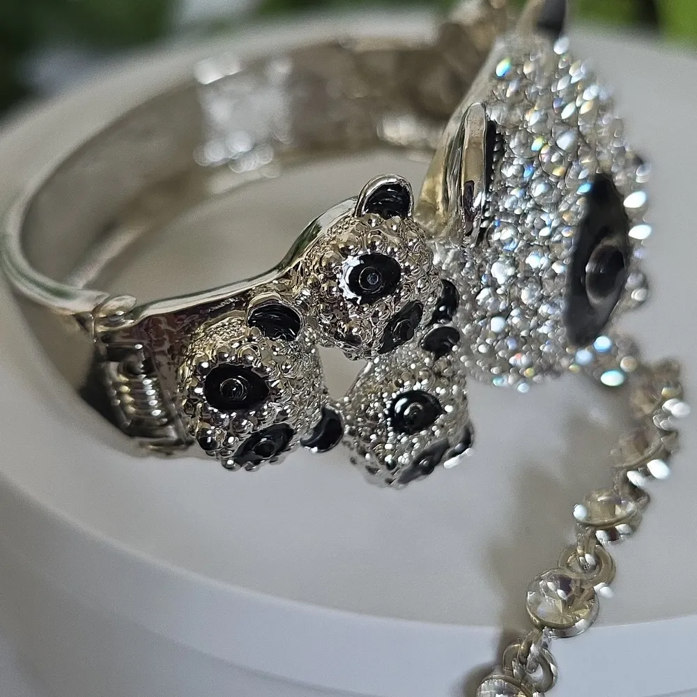 Statement Panda Bear Bracelet with Attached Ring Silver Black Clear Rhinestone - Image 5