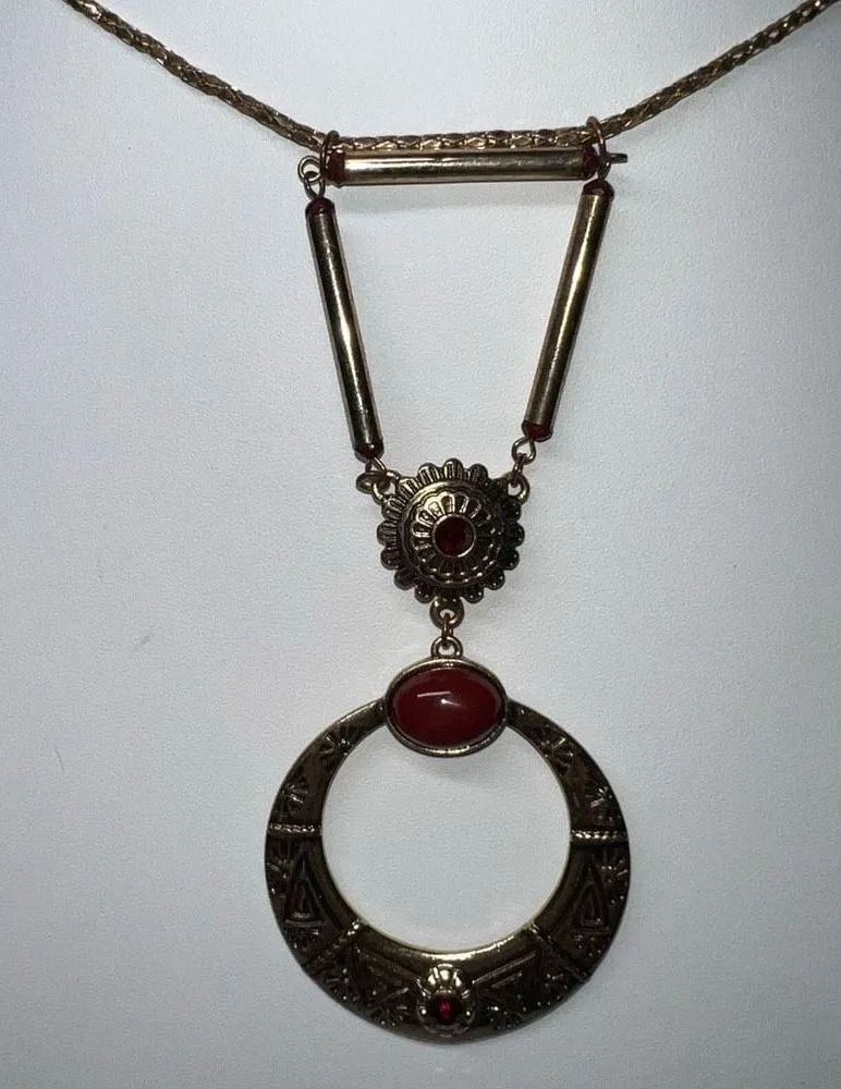 Boho Ethnic Burnished Gold Tone and Red Stone Pendant Necklace - Image 2