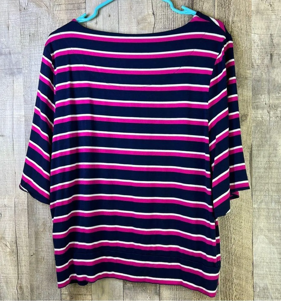 - Chicos Size 2 Striped Crewneck Short Sleeve Top with Navy Blue, Pink &… - Image 2