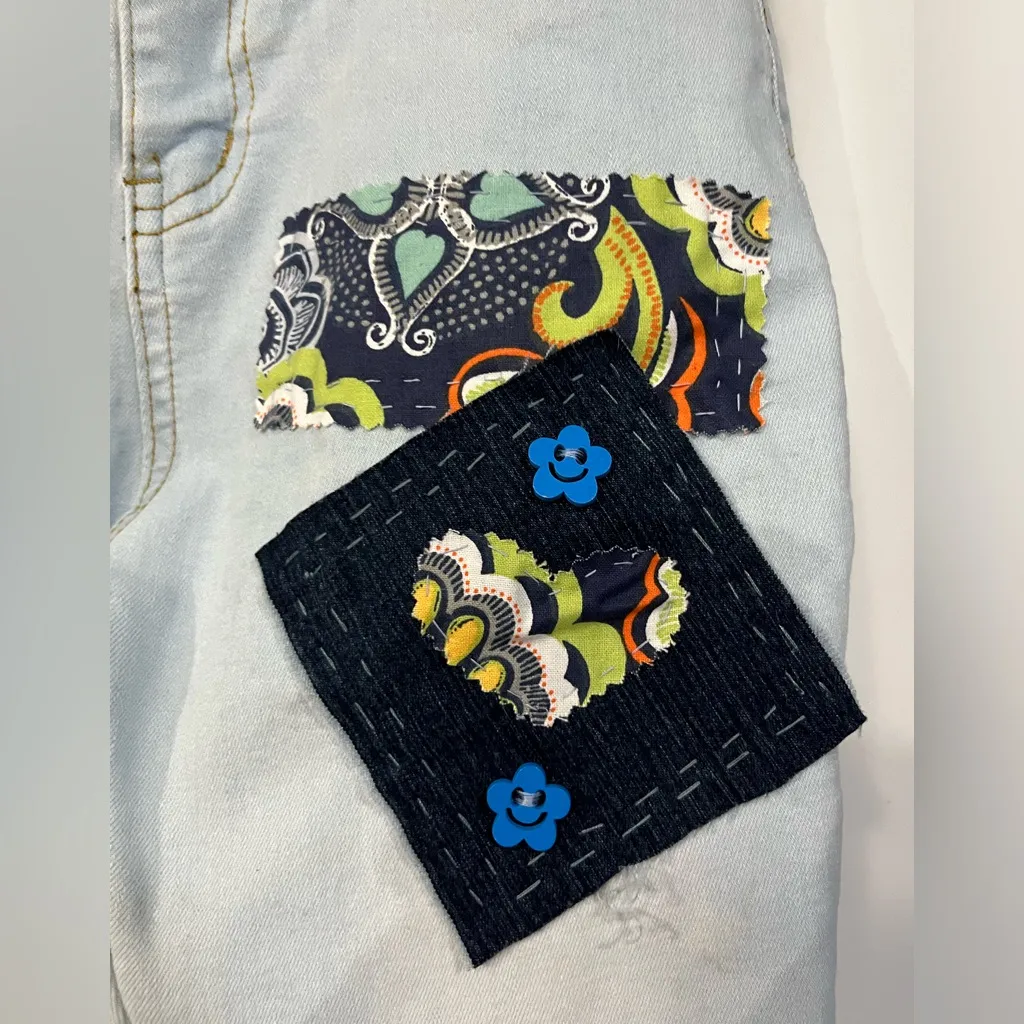 CELEBRITY ACE JEANS CUSTOM PATCH WORK hand sewing size 5/27 stretch jeans Blue - Image 6