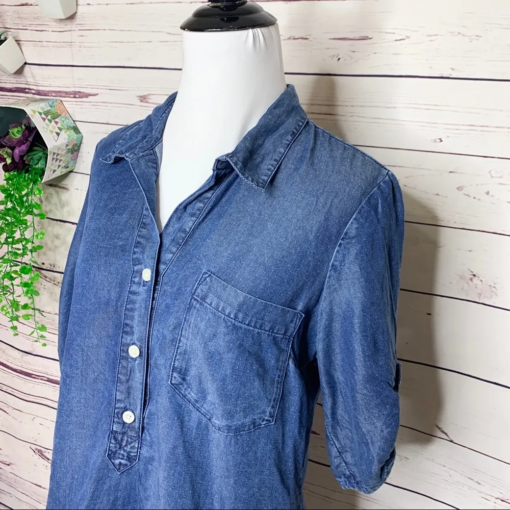 Lucky Brand 3/4 Sleeve Blue Polka-Dot Chambray Button Up Denim Shirt Size Small - Image 5