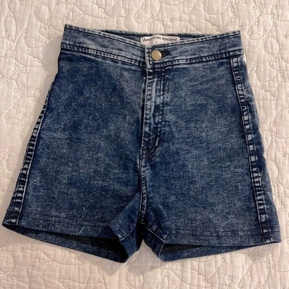 American Apparel Acid Wash Stretch Shorts XS Dark Blue Hot Pants High Rise - Image 4