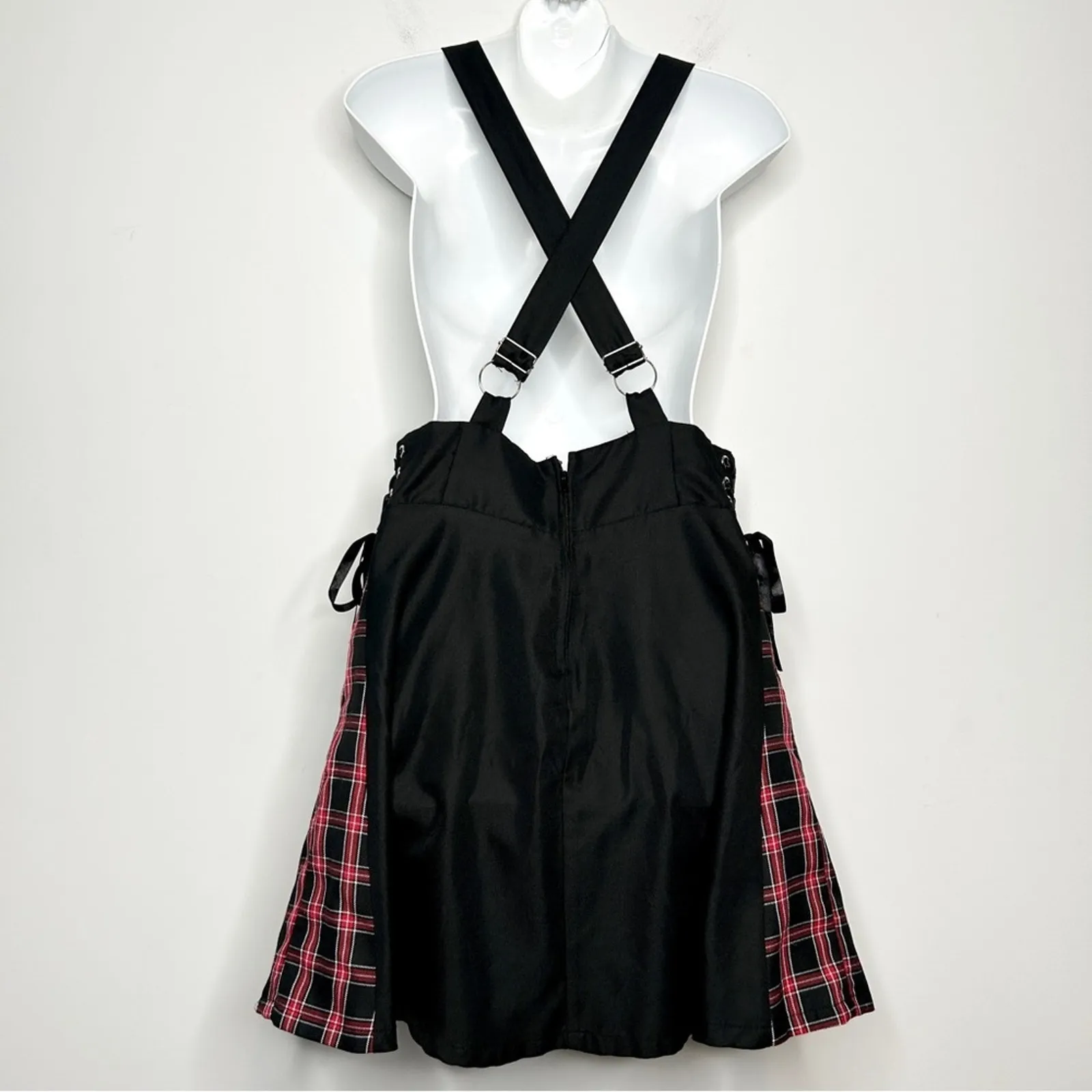 HOT TOPIC Suspender Skirt Size Medium Plaid Lace Up Emo Punk Skater Grunge Alt - Image 7