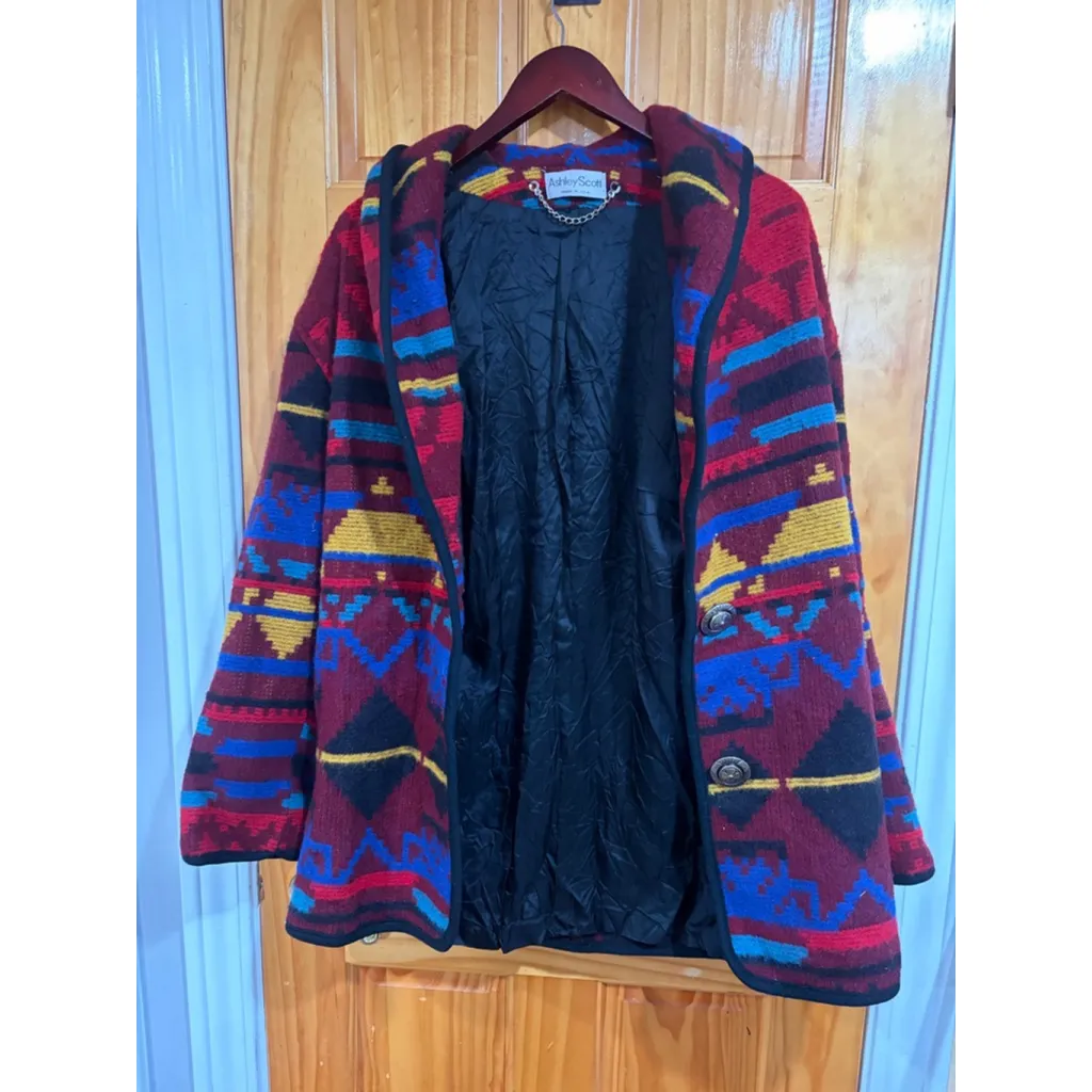 Ashley Scott Southwest Aztec Wool Blazer Coat Made in USA Vintage 80s 90s Red Size L - Image 3
