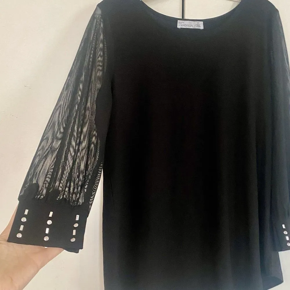 89th and Madison Women's Black Top Small Petite Sheer 3/4 Sleeves Blouse Tunic - Image 4