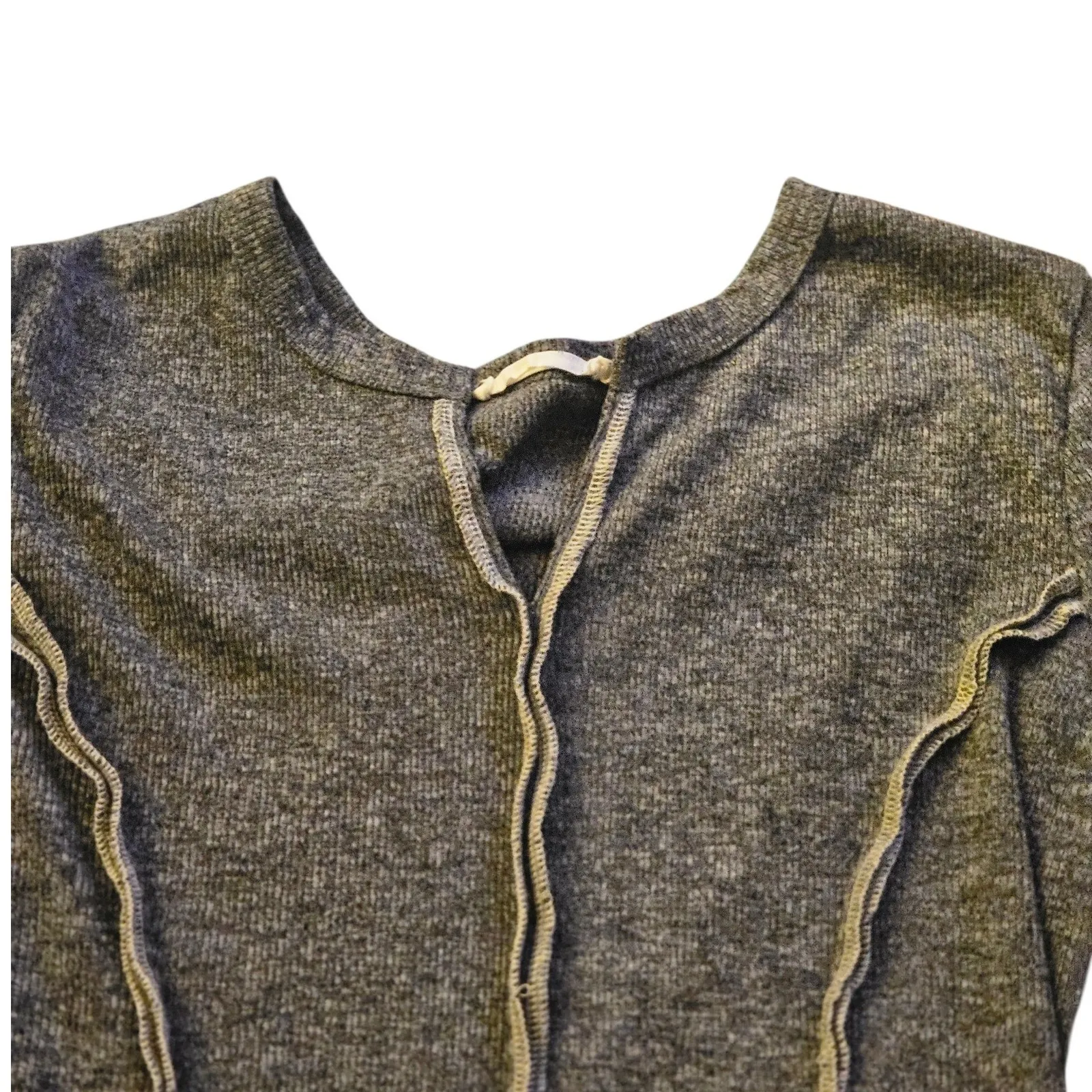 LUSH Ribbed Knit Long Sleeve Top Seamed Detail Cutout Neck Charcoal Grey M - Image 2