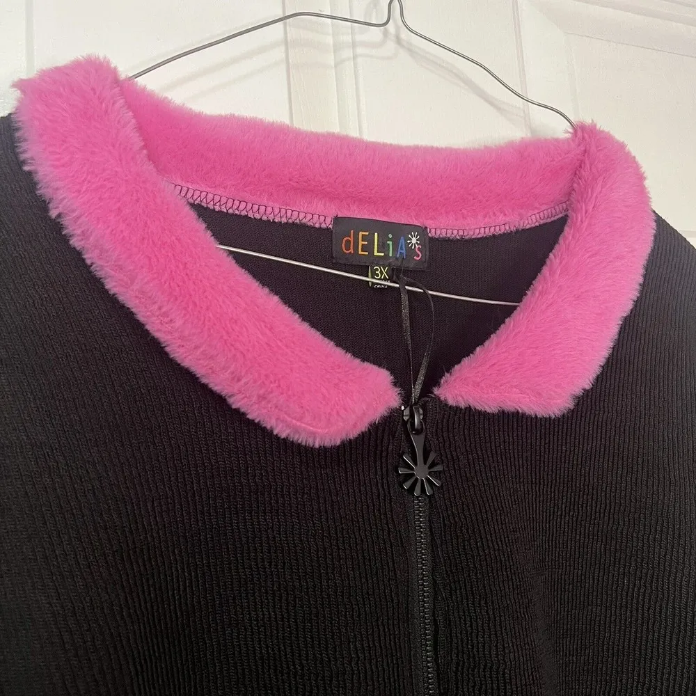 Delia’s By Dolls Kill Caught On Camera Zip Up Sweater Faux Fur Pink Collar Sz 3X - Image 4