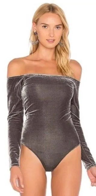 x Revolve Bodysuit Camellia Off The Shoulder Velvet in Ash Gray S - Image 1