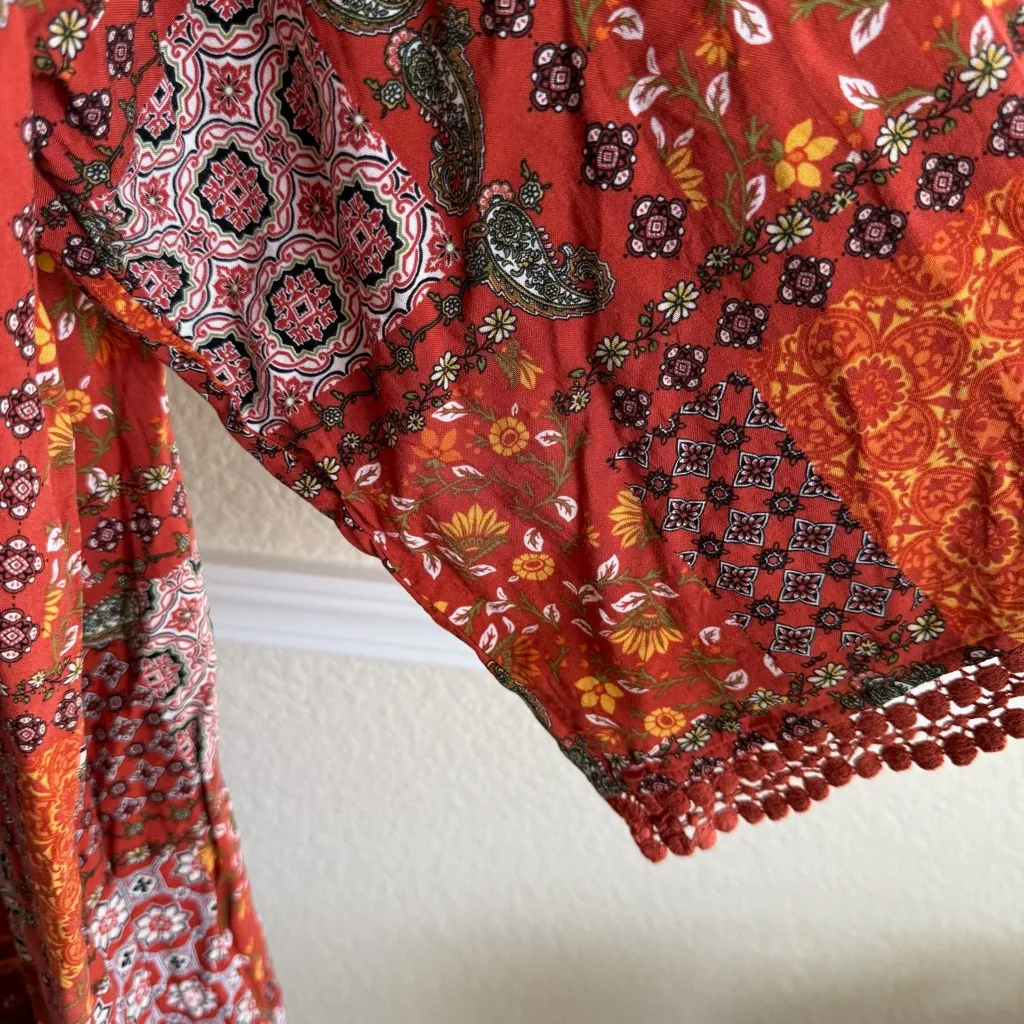 Boho Kimono Cardigan Women’s Large Rust Orange Patchwork Sheer Lightweight Layer - Image 5