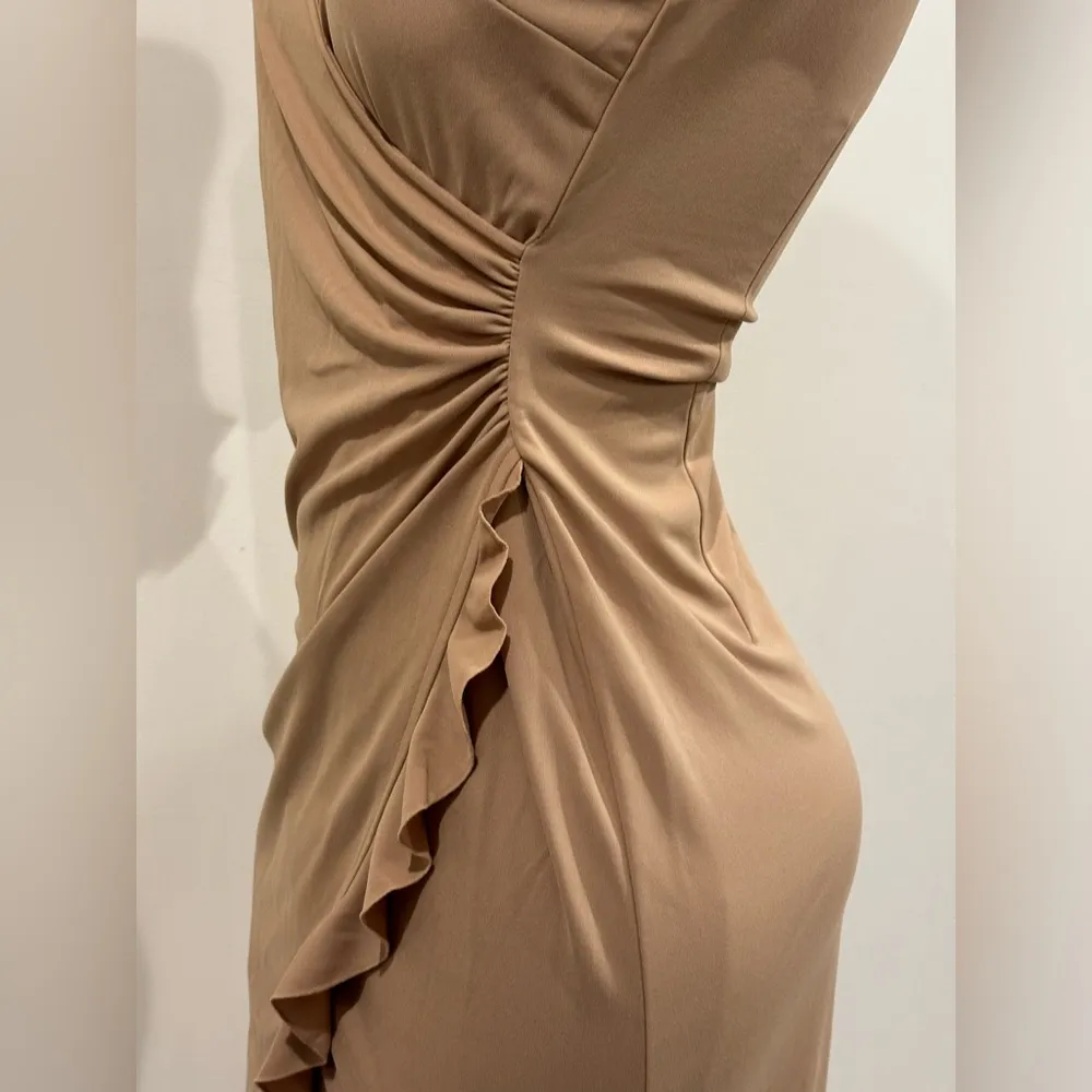 Express  Golden Yellow V Neck Wrap Look, Ruffle Edges Draped Midi Dress Sz S - Image 7