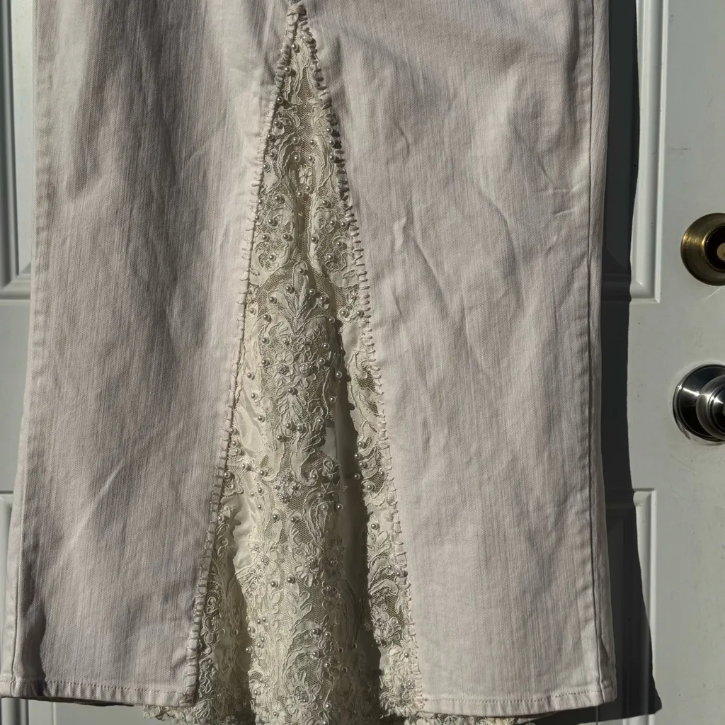 Liz Claiborne Women's Off White Denim Maxi Skirt Lace-inset Front Slip 12P - Image 14