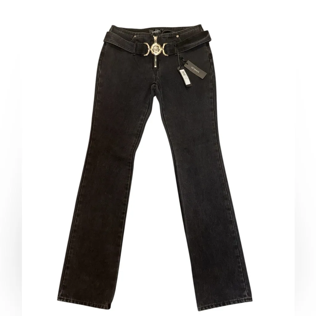 Versace Medusa Belted Low Rise Flare Jeans Faded Washed Black Size 30 NWT - Image 7