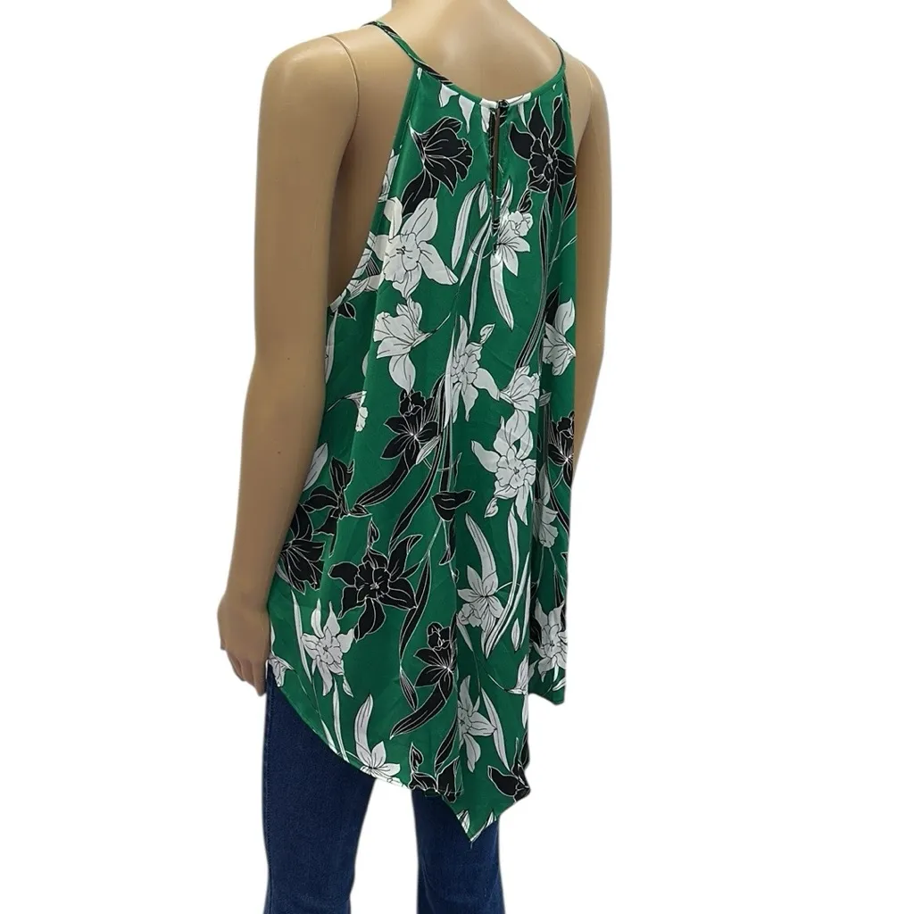 Worthington Green Floral Asymmetrical Sleeveless Satin Tunic Tank Top Blouse L - Image 4