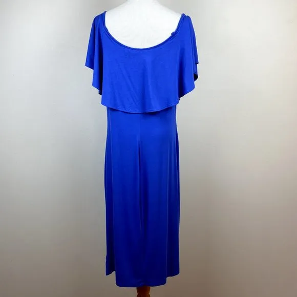 Carmen Marc Valvo Midi Dress XL Blue Off Shoulder Ruffle Bodycon Slim Fit‎ New - Image 5