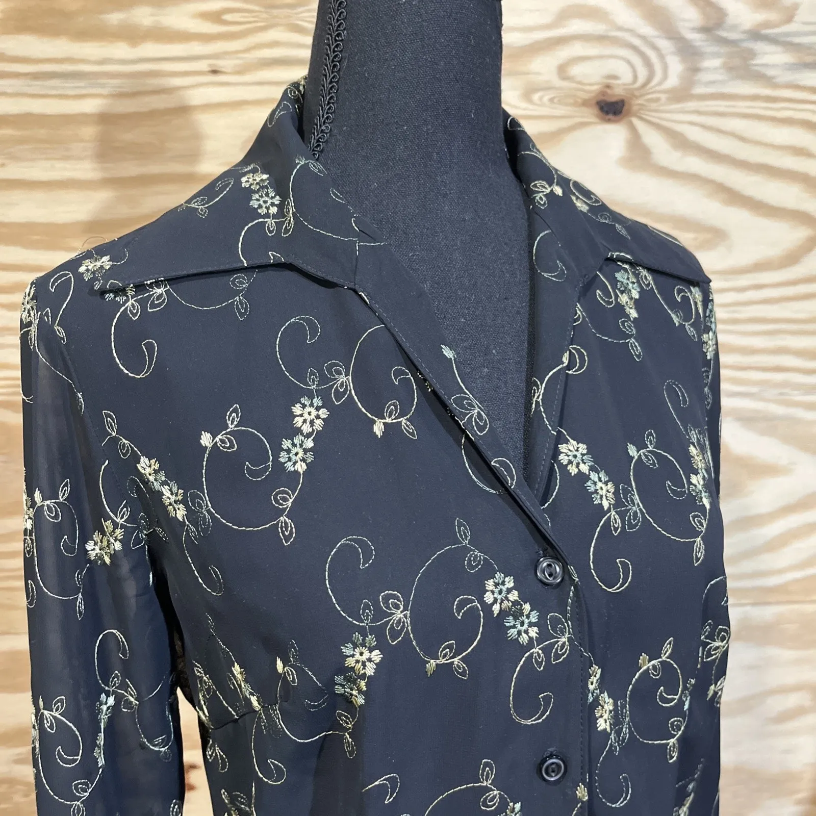 Vtg Tailor B Moss Y2k Top Women M Floral Sheer Whimsigoth Fairy Forest Fairy Black Size M - Image 7