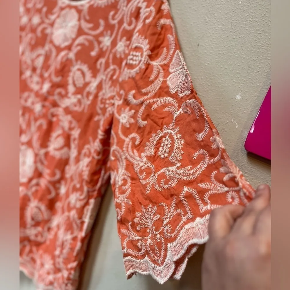 Solitaire Orange Cream Embroidered Boho Floral Top Small - Image 5