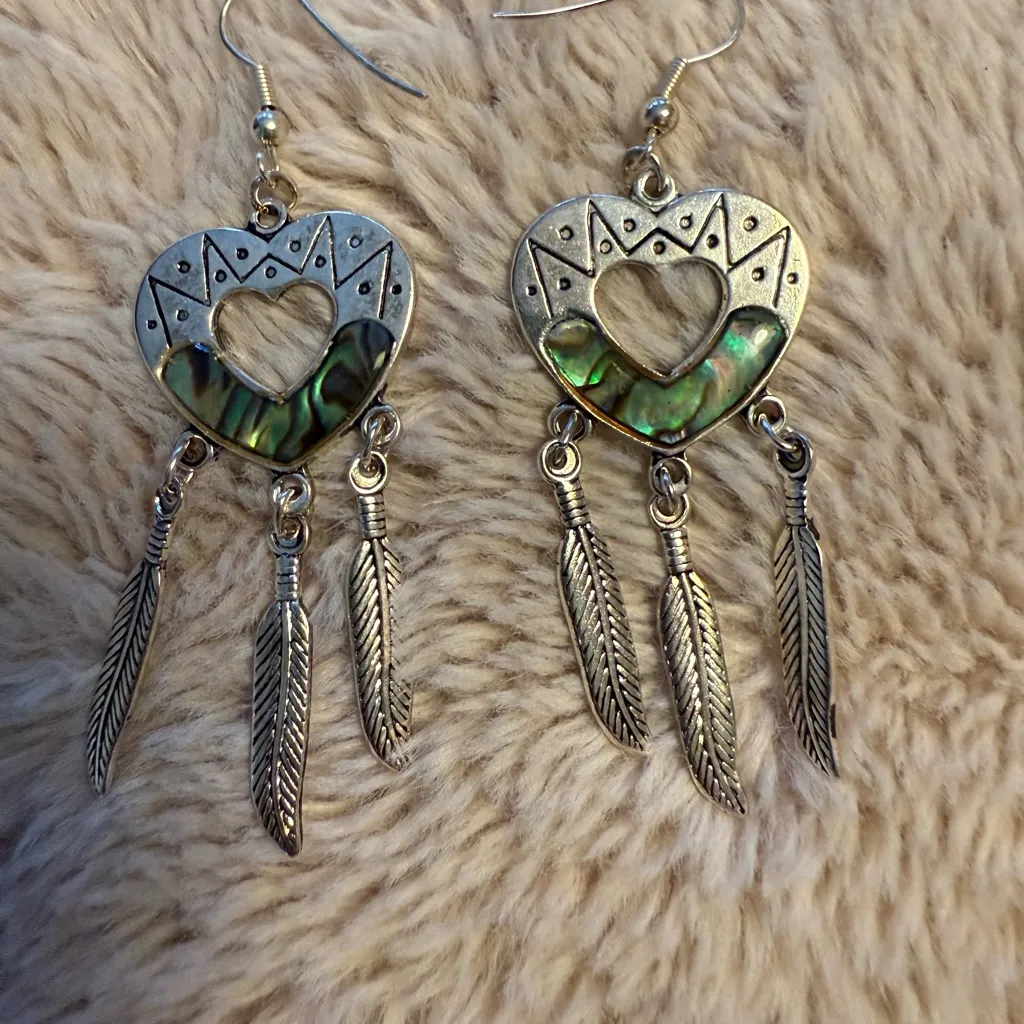 Abalone Silver‎ Tone Earrings Dream Catcher Feather Dangle Green Western Navajo Silver - Image 2