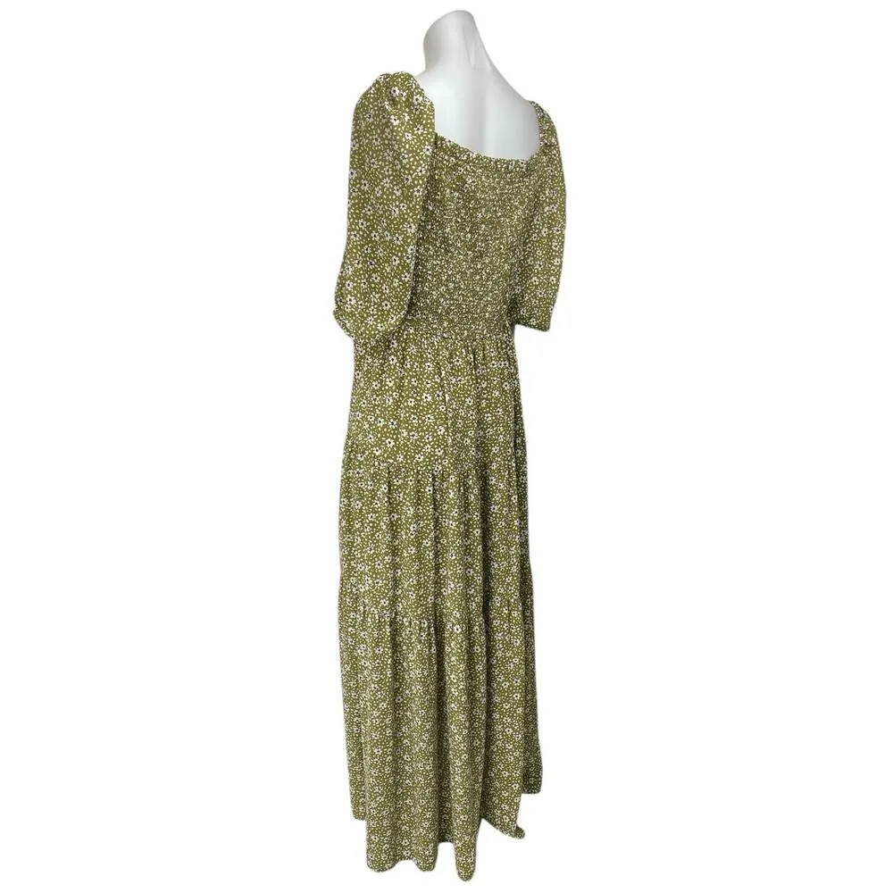 Ann Taylor Green Floral Short Sleeve Smocked Ruffle Tiered Maxi A-Line Dress 8 - Image 2