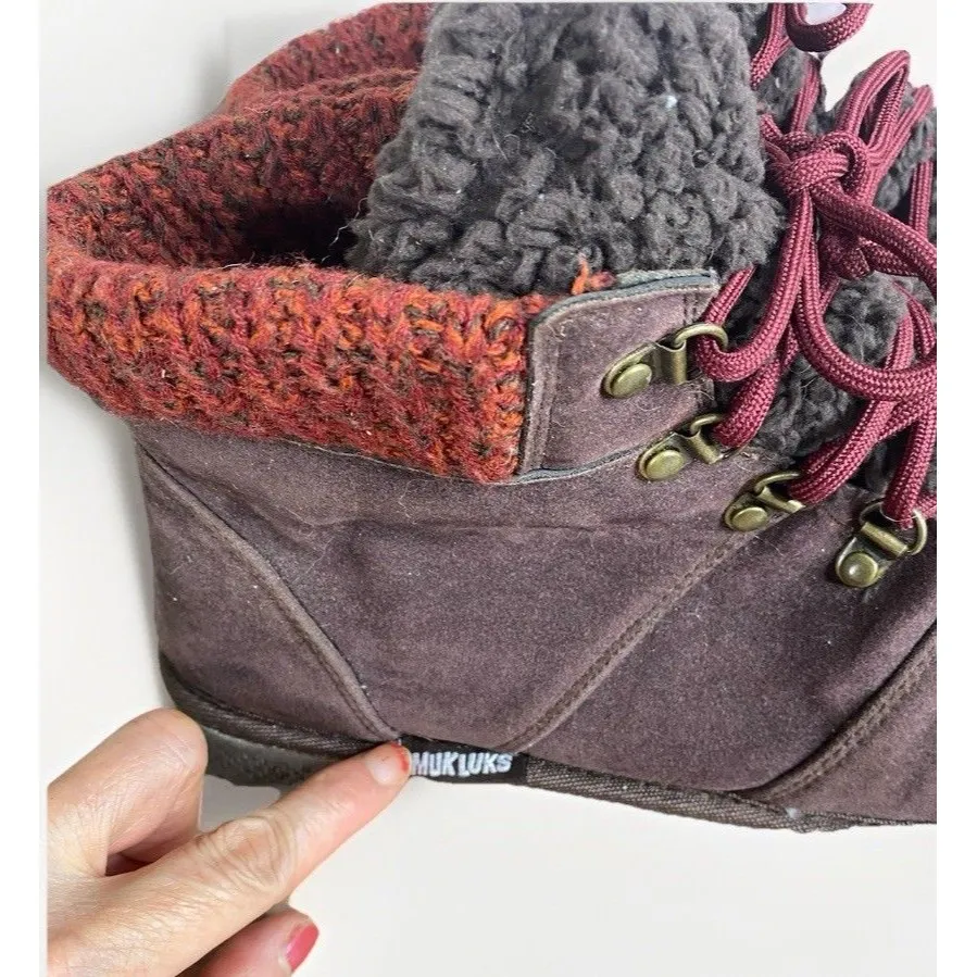 MUKLUKS Women’s Lace Up Harmony Ankle Boots SZ 10 Brown Faux Suede/Faux Fur - Image 5