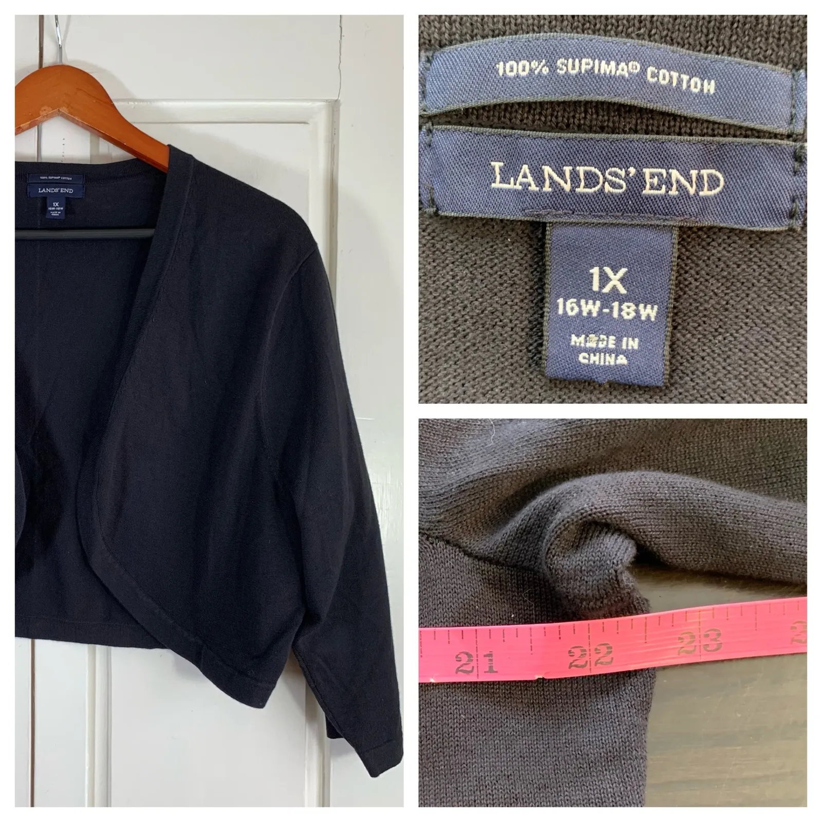 Lands End Black 1X Plus Size Supima Cotton Knit Bolero Cardigan Sweater Shrug - Image 12