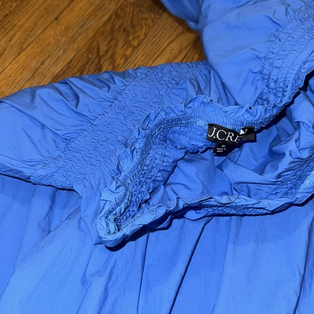 J. Crew Smocked One shoulder midi Dress in Cotton Poplin blue like new XL - Image 6