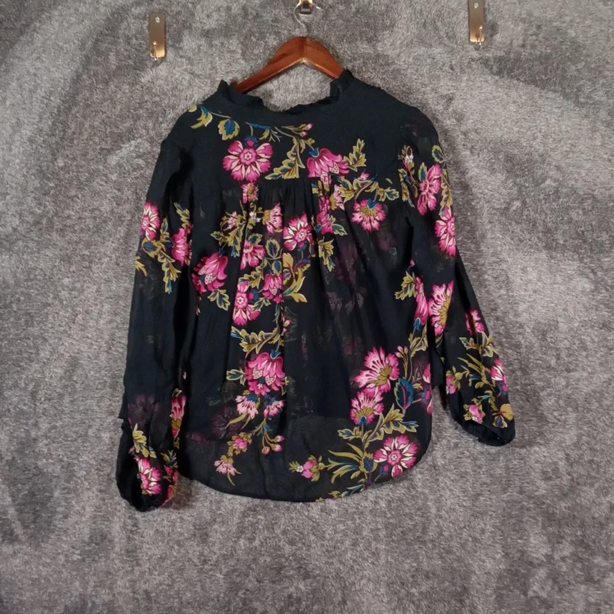 Anthropologie Black Floral Blouse with Pink Flowers Balloon Sleeves Viscose Smal - Image 6