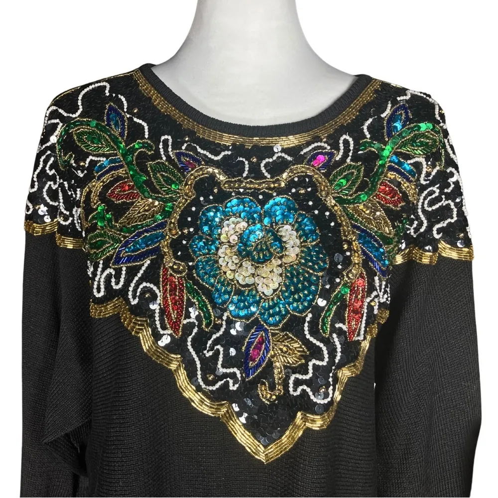 Vintage 80s Heavily Beaded Sequin Sweater. M/L. Black, Colorful, Gold Maximalism Black Size L - Image 7