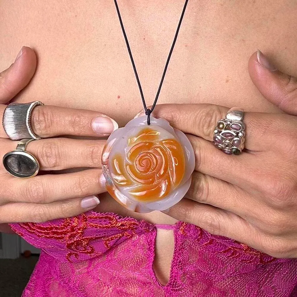 Women's Pink Jade Flower on Leather Cord - Image 3