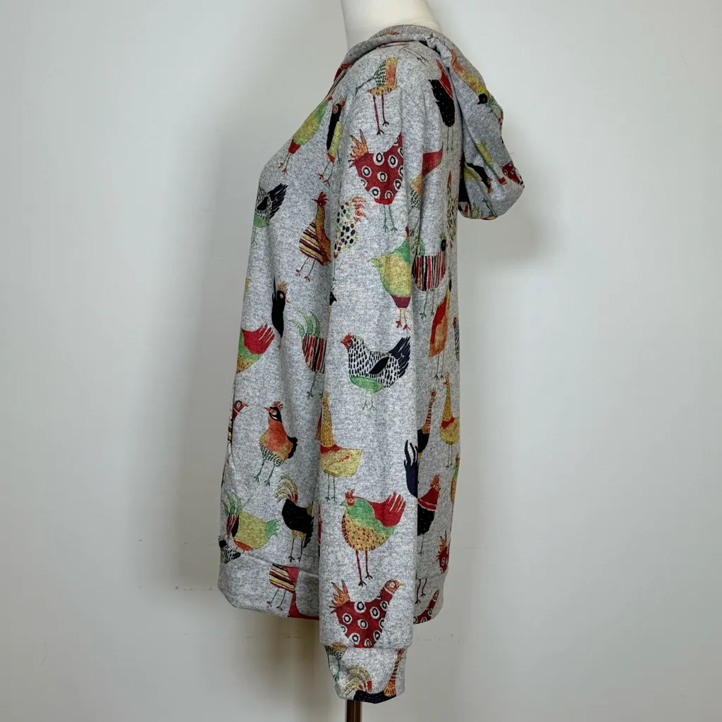 L.A. Soul Colorful Chicken Print Pullover Hoodie Soft Cozy Women’s Size Medium Red - Image 3