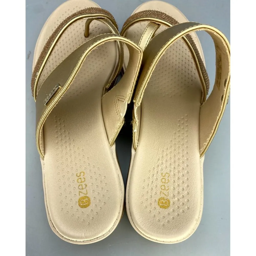 Bzees Bora Bright Women's Thong 10W Gold Embellished Casual Slip On Wedge Sandal Size 10 - Image 5