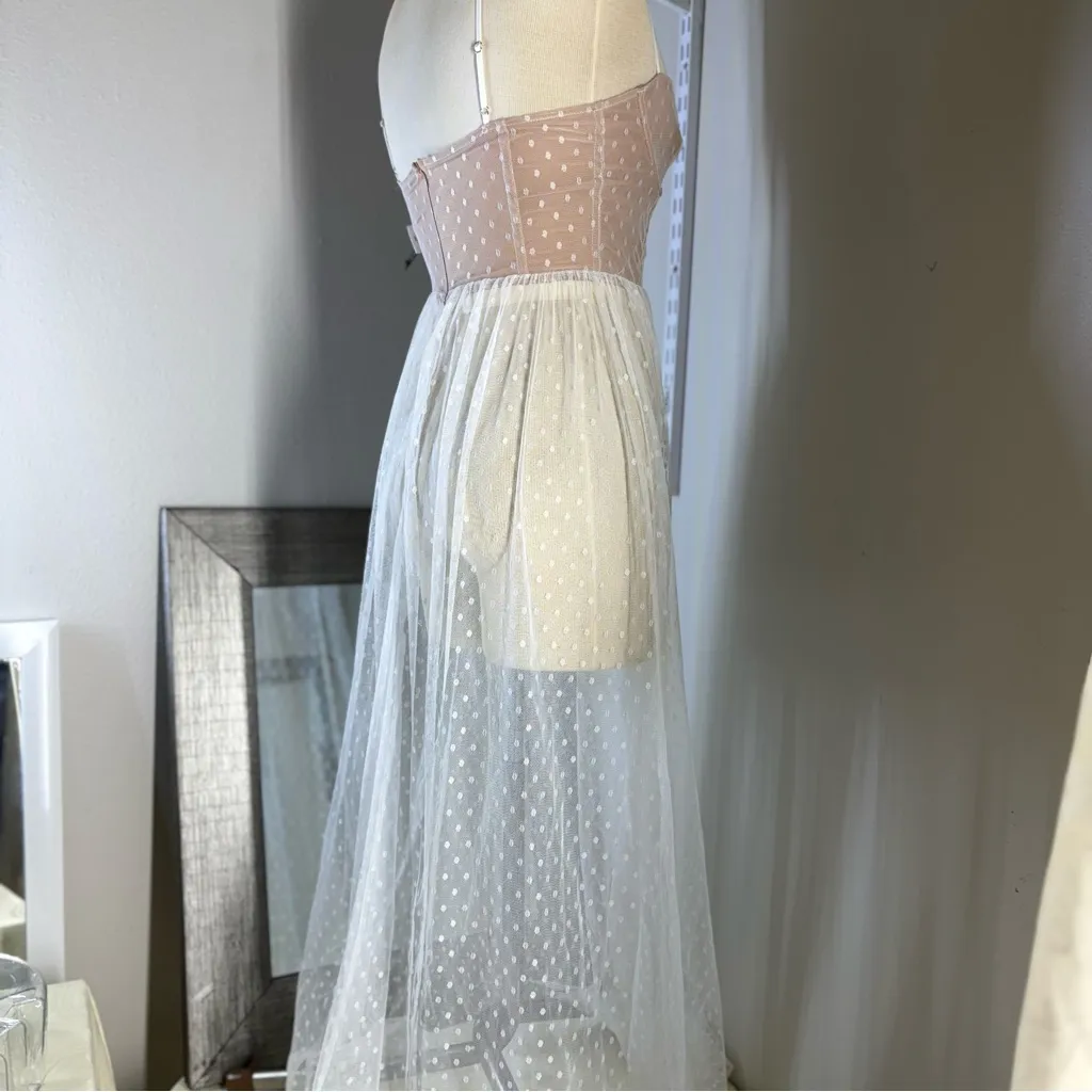 White Fox Boutique sheer Polka Dot maxi Dress in cream and White - Image 10