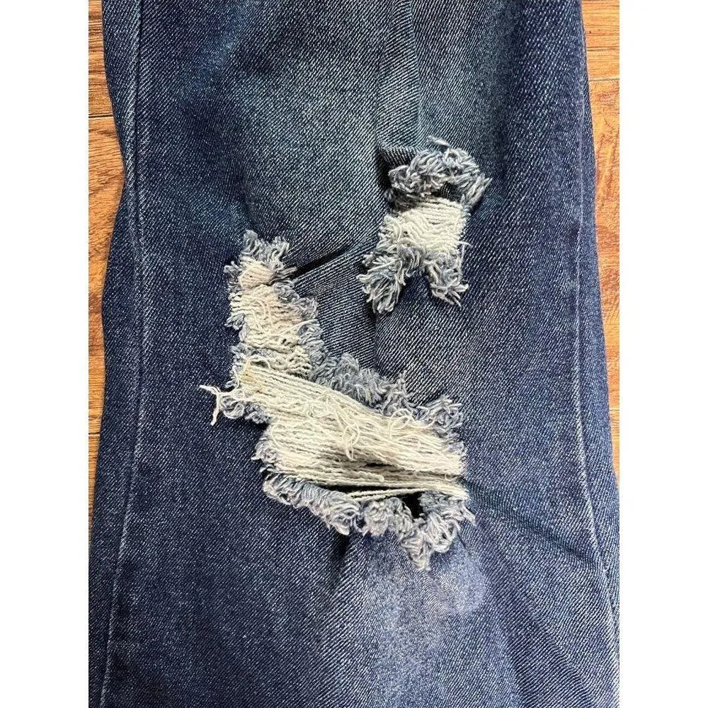 RUE21 Women’s High Rise Flare 90’s Fit Dark Denim Distressed Jeans sz 9 NEW - Image 6