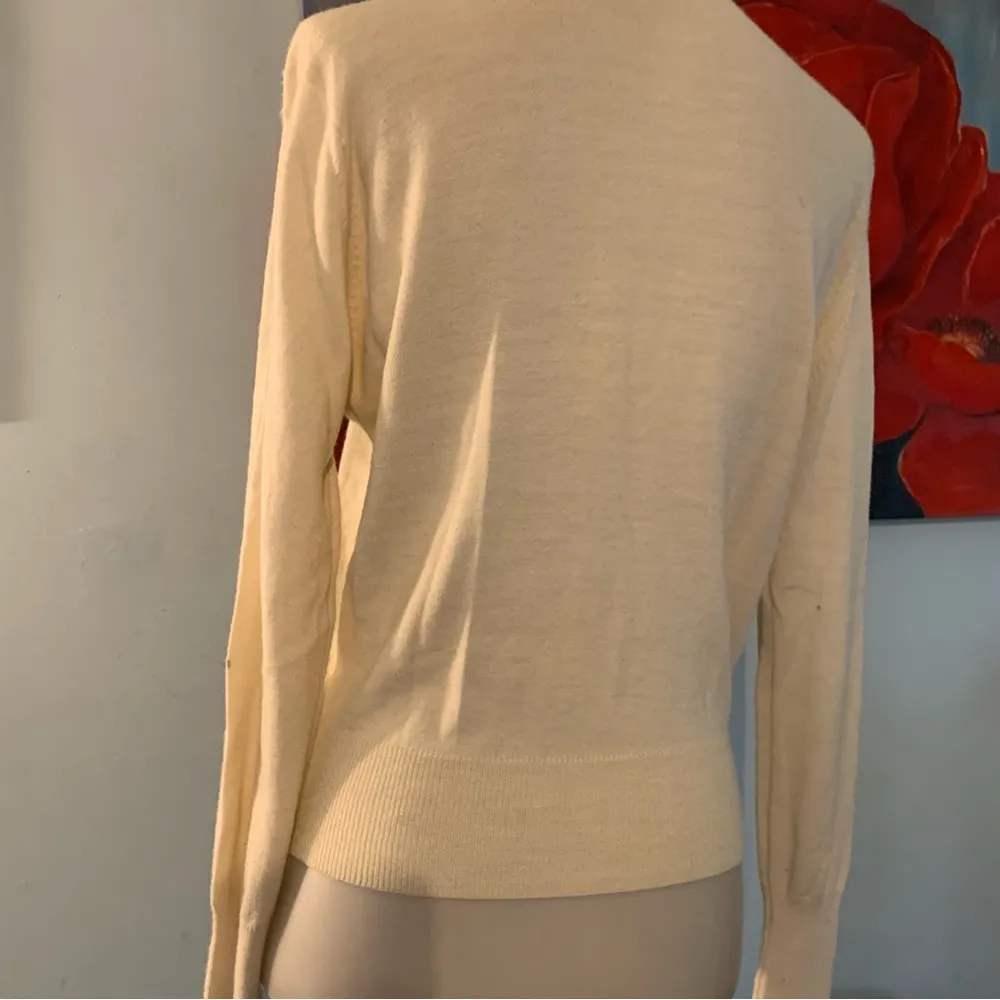 Vintage 50s Beaded Embellished Pearl Button Fitted White Sweater Cardigan S - Image 5