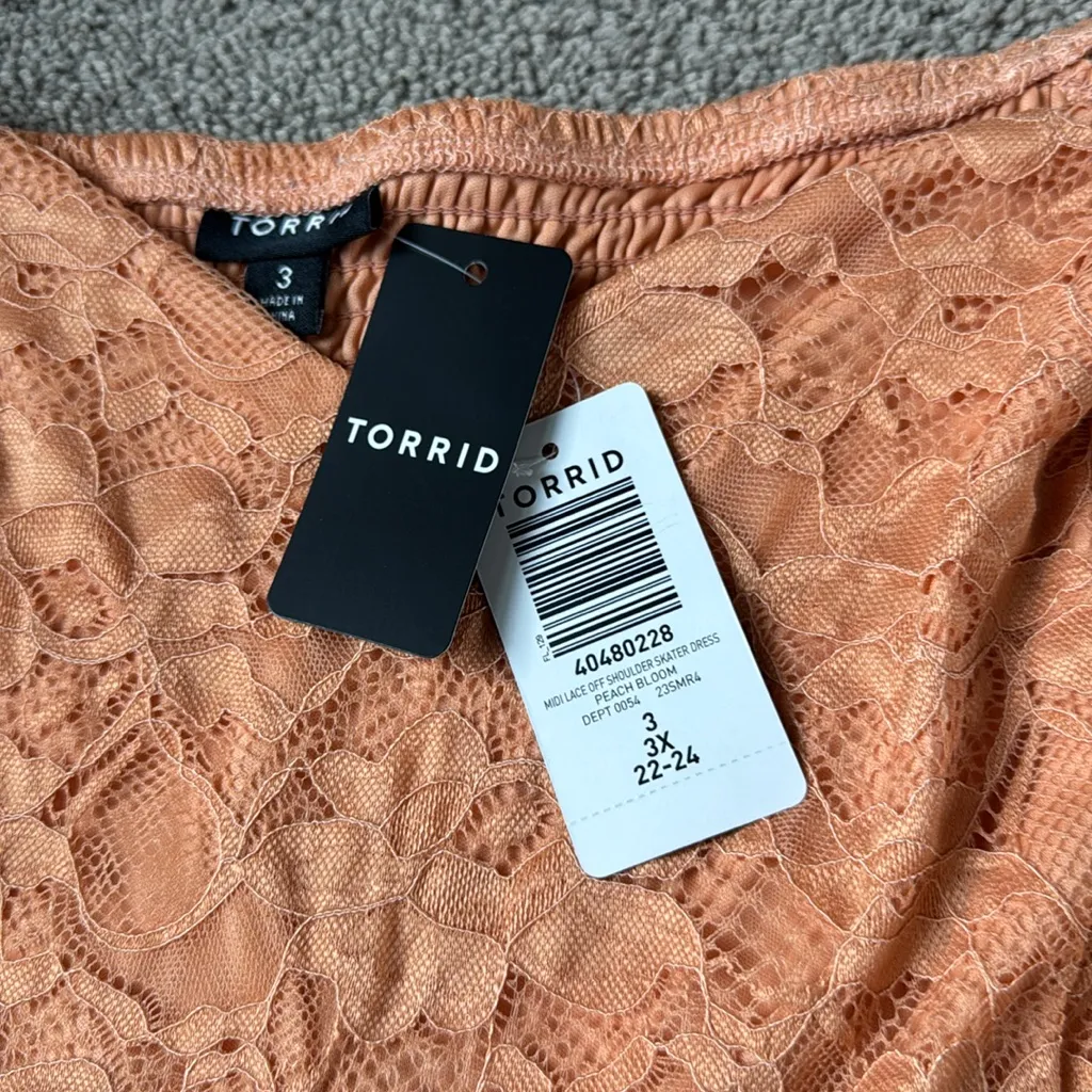 Torrid Peach Bloom Midi Lace Off Shoulder Skater Dress SIZE 3X - Image 3