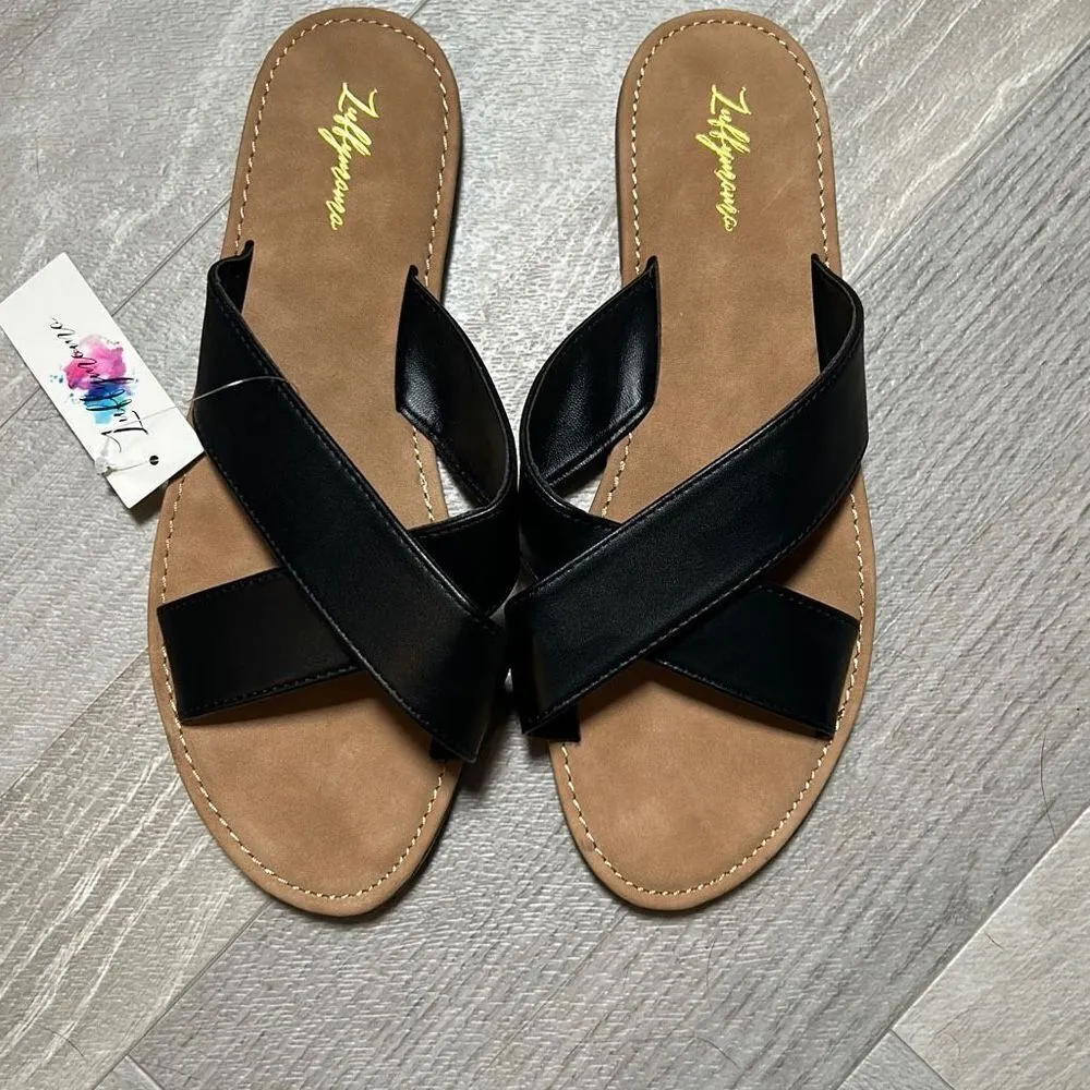 NEW Luffymomo Open Top Flat Sandals Slip on 11 Black - Image 7
