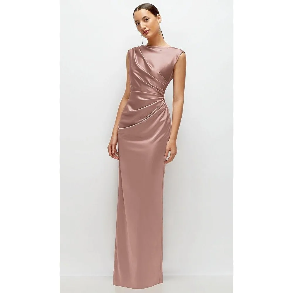 AFTER SIX High Neck Sleeveless Cap Shoulder Satin Maxi Dress In Neu Nude Size S - Image 4