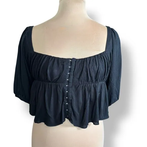 Urban Outfitters Lisabeth Top Black Puff Sleeve Cropped Blouse Size Large - Image 2