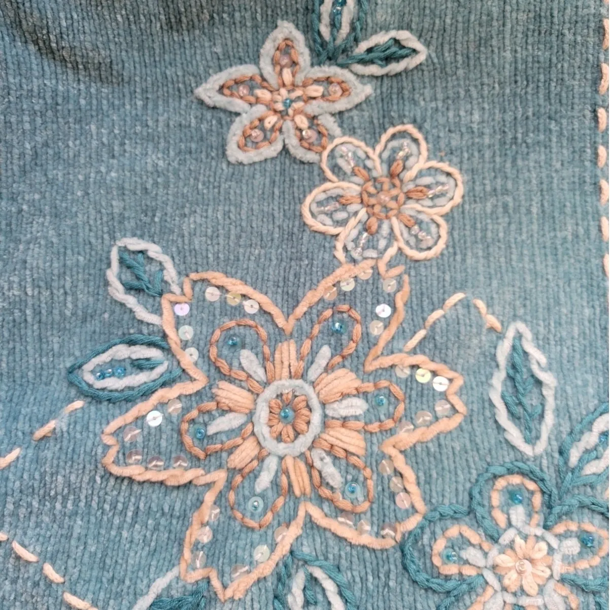 Turquoise Chenille Floral Embroidered & Sequin Sweater Boxy Fit Coquette - L - Image 4