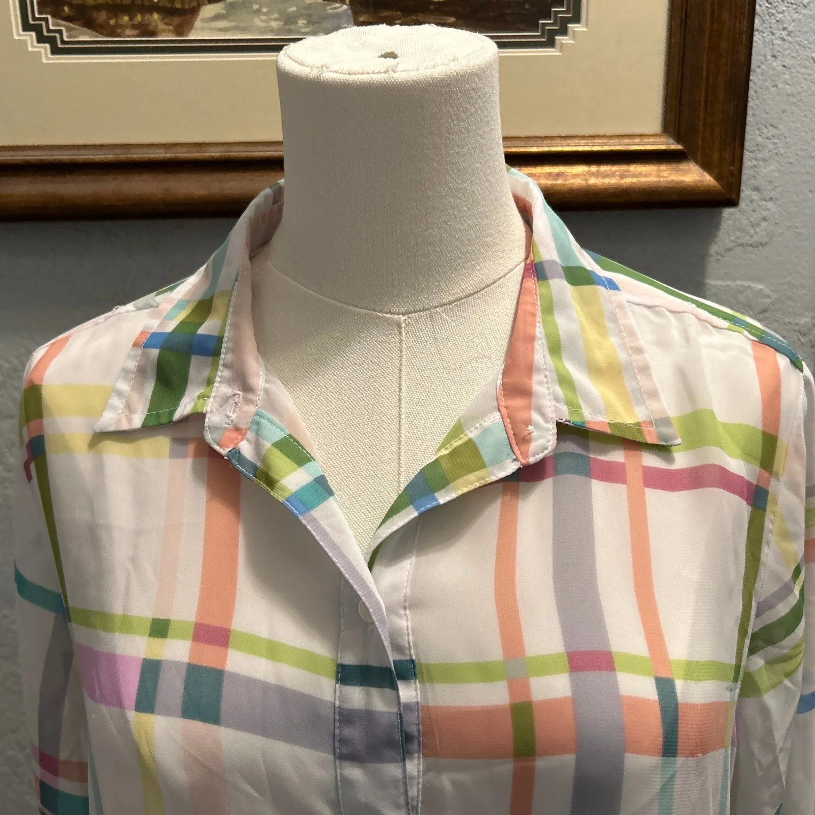 Liz Claiborne Women's M Blouse Sheer Plaid Pastel Tie Waist Beach Resort spring - Image 2